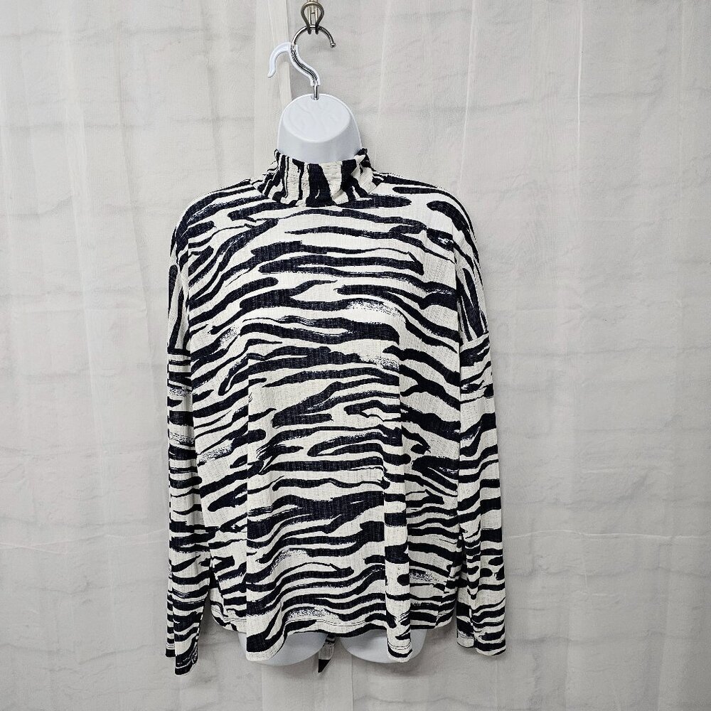Nine West Blouse Navy Blue White Zebra Mock Tie Neck Gauzy Sheer XL NWT